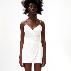 ZARA LINEN BLEND BELTED DRESS Color: WHITE